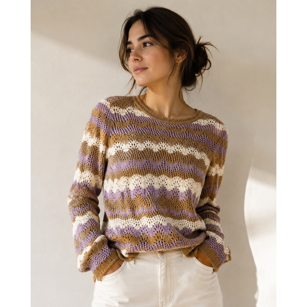 Lascana Women Zigzag Open Knit Sweater Multi Color Chevron Crew Neck Size 4/6